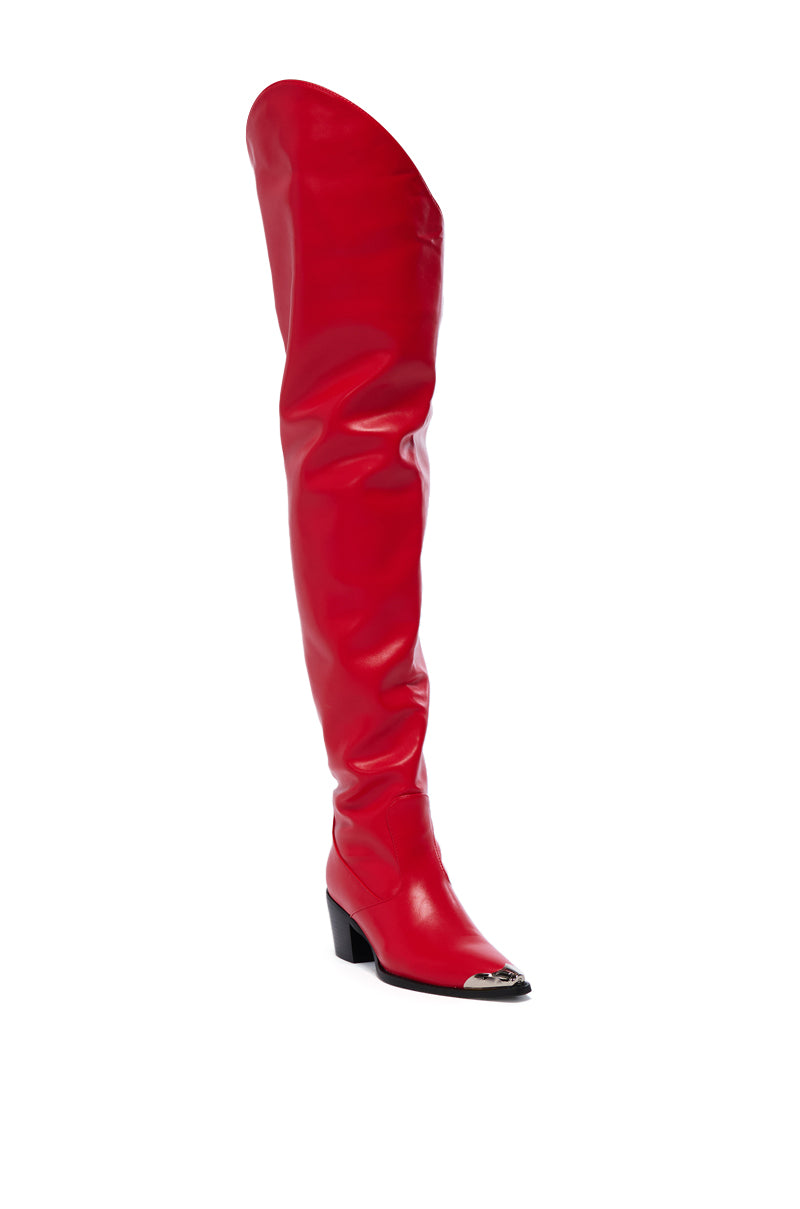 Detail View Azalea Wang Ria Over The Thigh Western Boot In Red