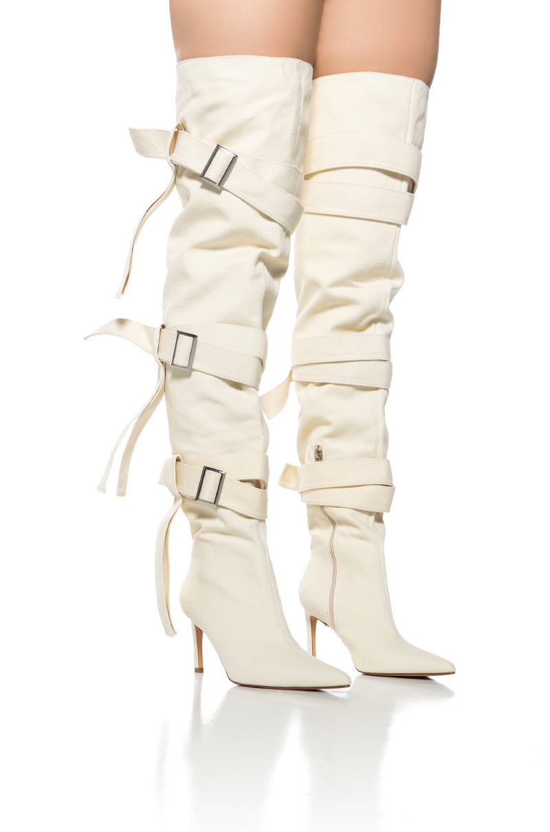 Front View Azalea Wang Richmond Strappy Utility Thigh High Boot In Cream