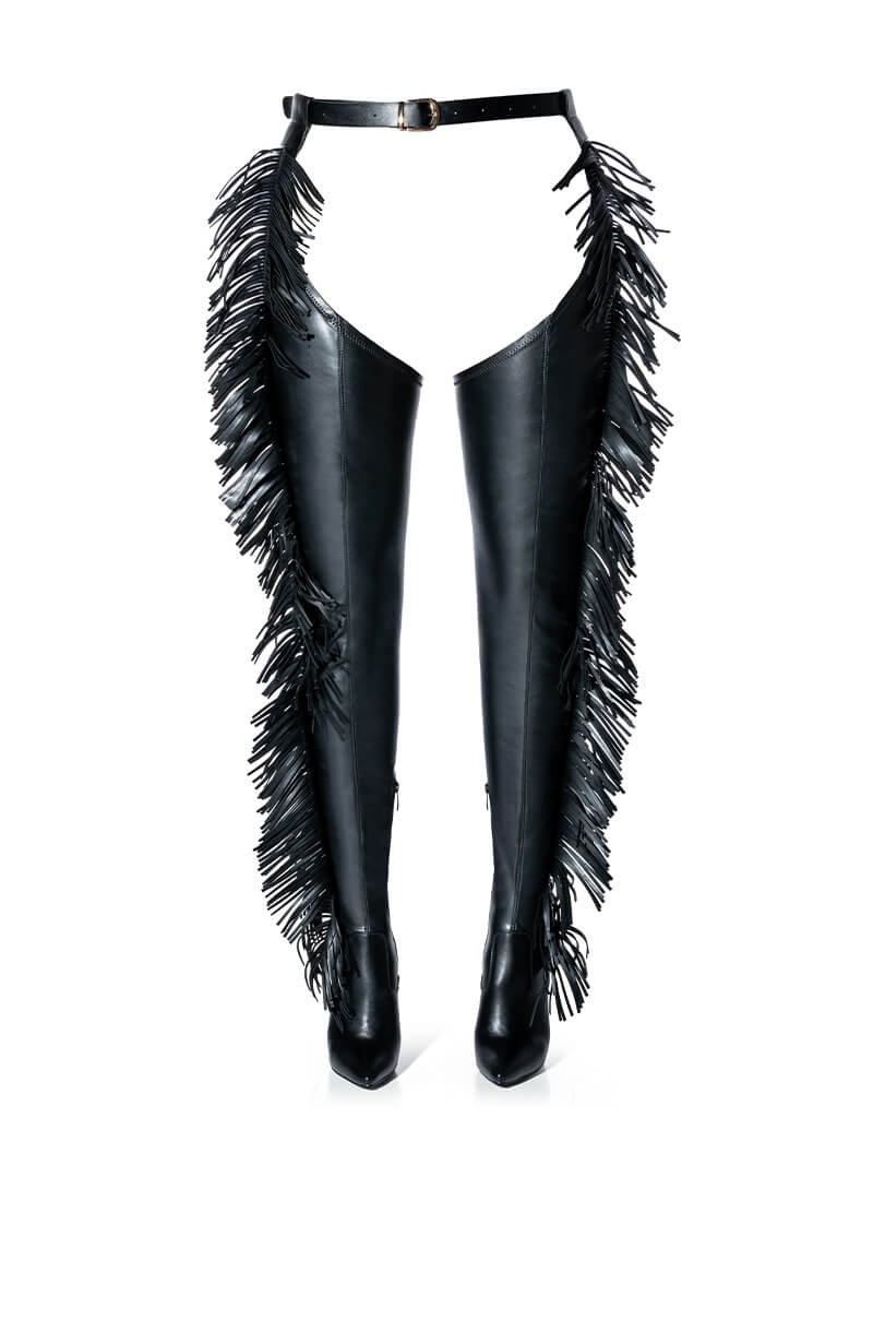 Back View Azalea Wang Ride At Dawn Belted Thigh High Stiletto Fringe Chap Boot
