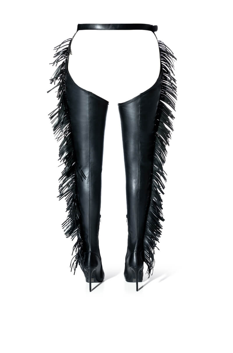 Detail View Azalea Wang Ride At Dawn Belted Thigh High Stiletto Fringe Chap Boot