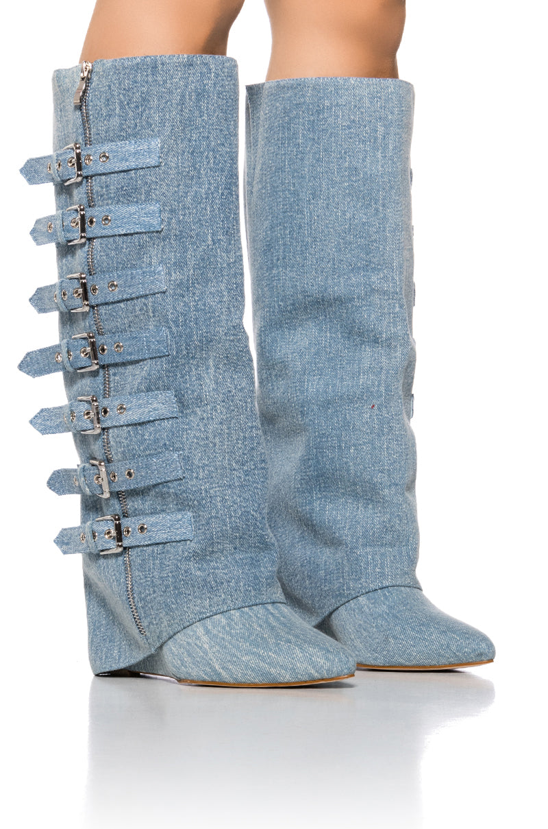 Front View Azalea Wang Risna Denim Buckle Detail Wedge Boot
