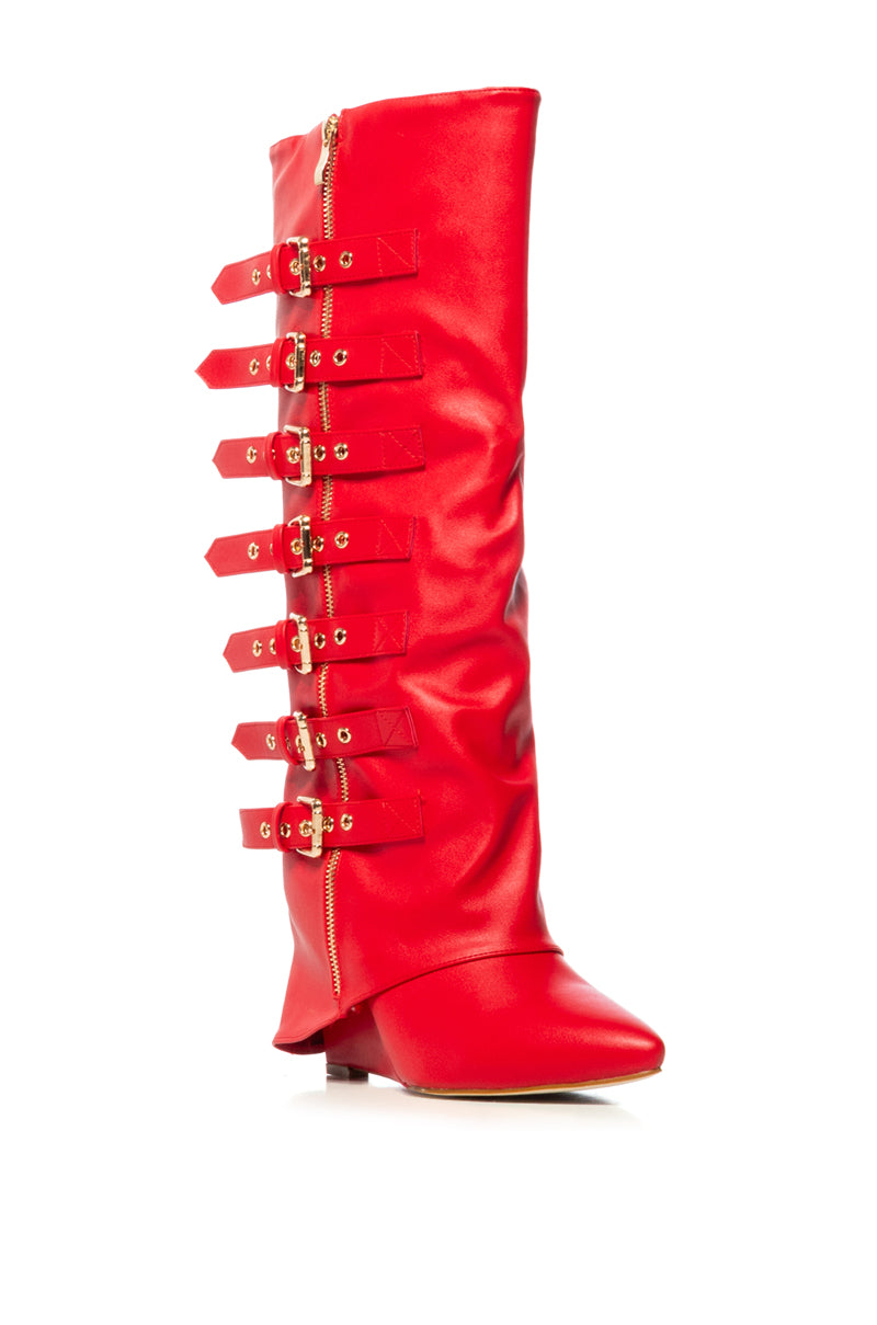 Back View Azalea Wang Risna Red Buckle Detail Boot