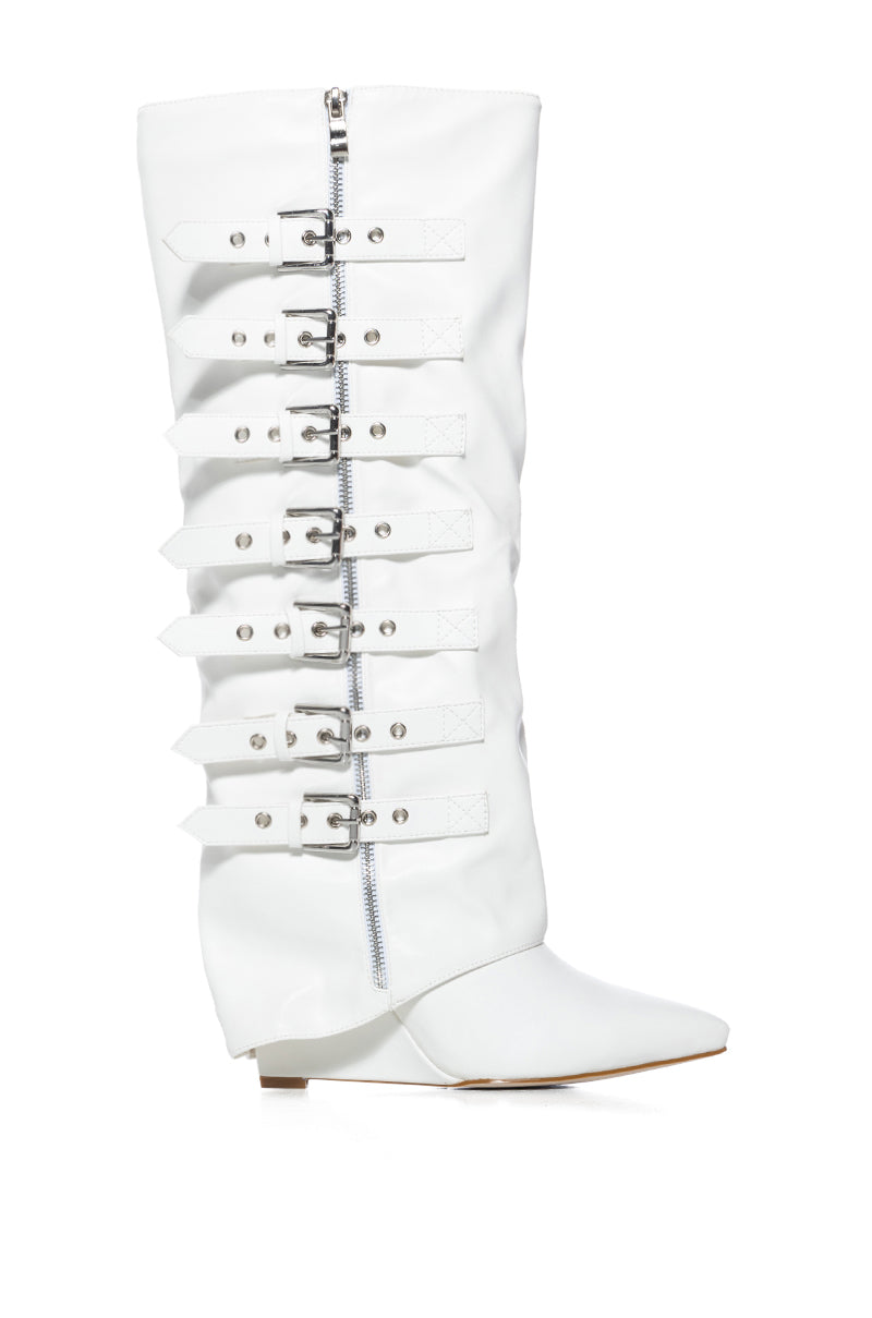 Side View Azalea Wang Risna White Buckle Detail Wedge Boot