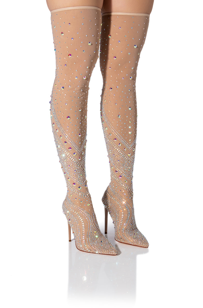 AZALEA WANG ROXY RHINESTONE THIGH HIGH STILETTO BOOT IN NUDE view 0