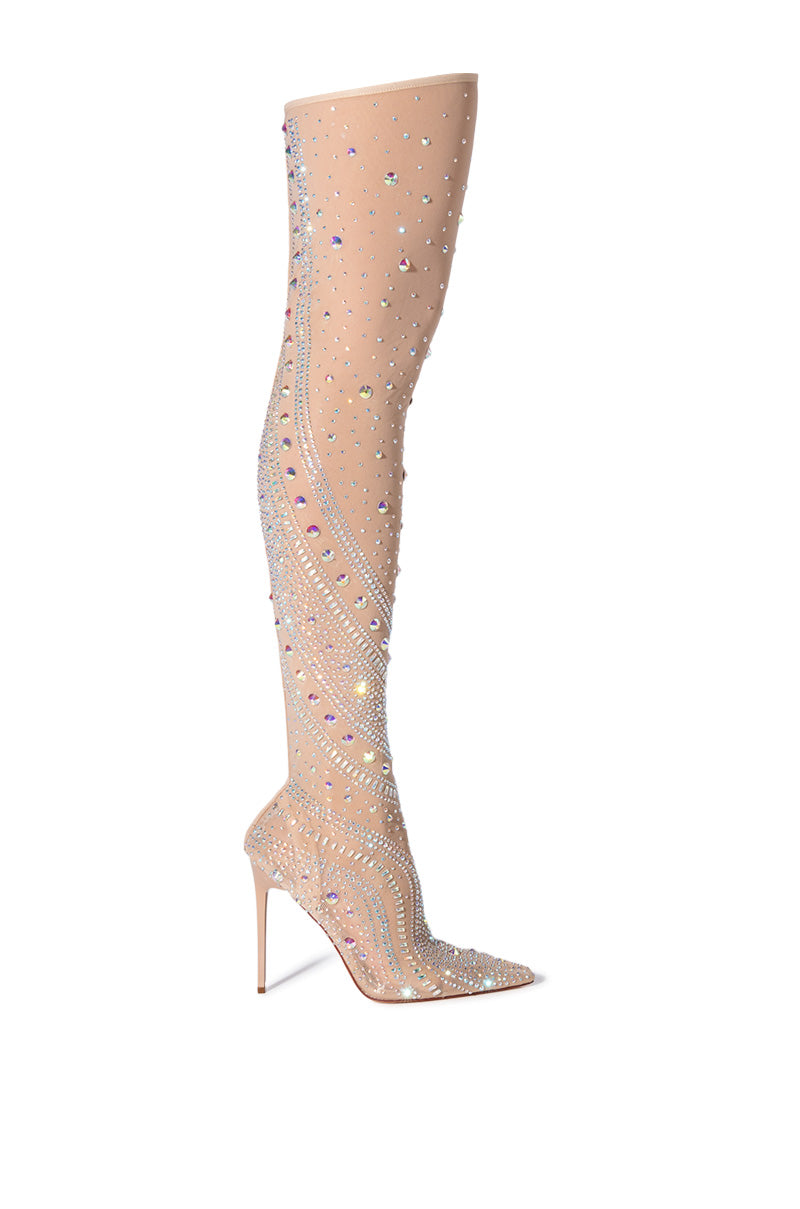 Side View Azalea Wang Roxy Rhinestone Thigh High Stiletto Boot In Nude