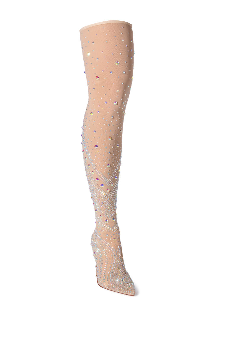 Back View Azalea Wang Roxy Rhinestone Thigh High Stiletto Boot In Nude