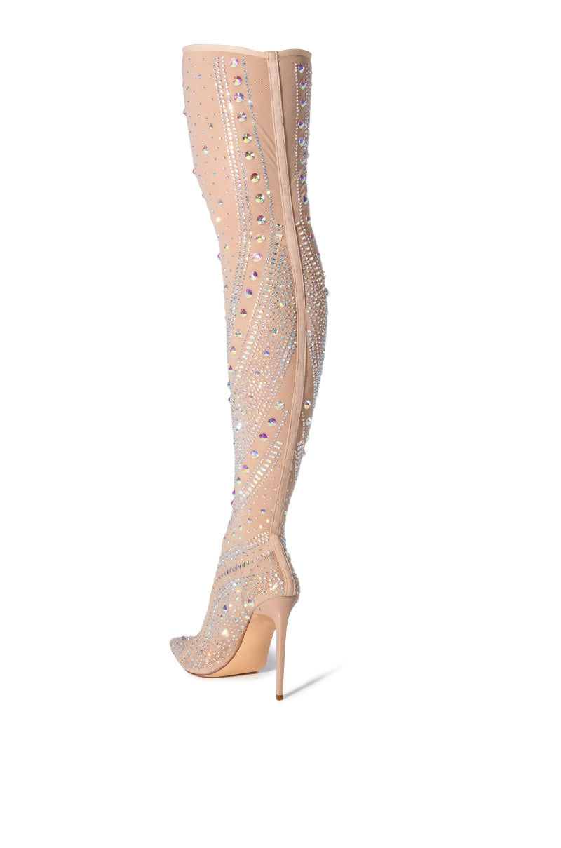 Detail View Azalea Wang Roxy Rhinestone Thigh High Stiletto Boot In Nude