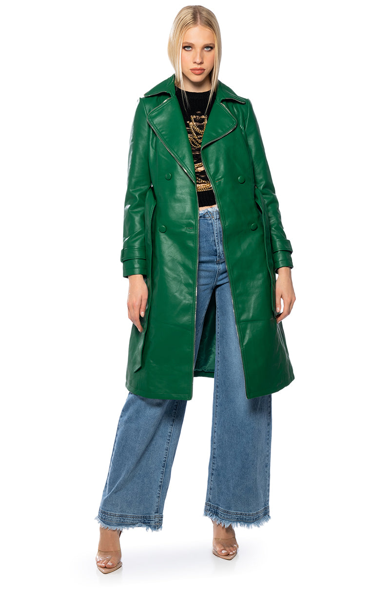Side View Azalea Wang Sando Green Pleather Trench Coat With Zipper Trim