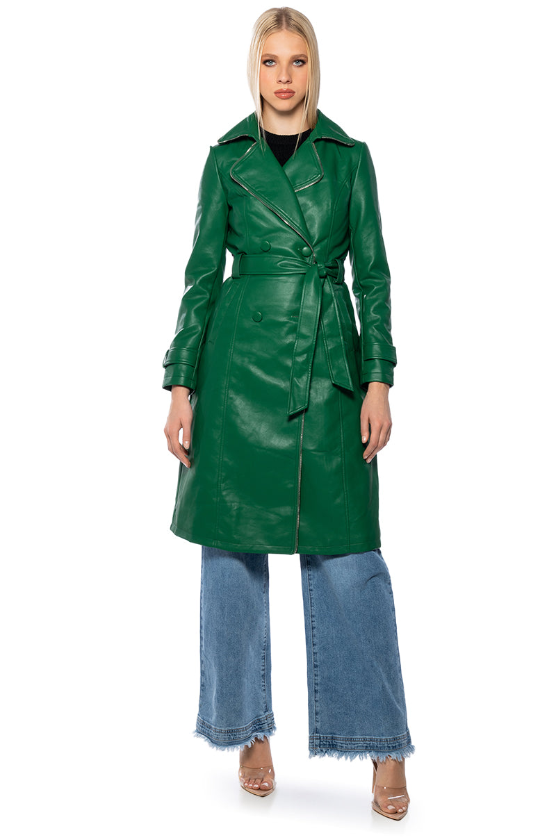 Back View Azalea Wang Sando Green Pleather Trench Coat With Zipper Trim