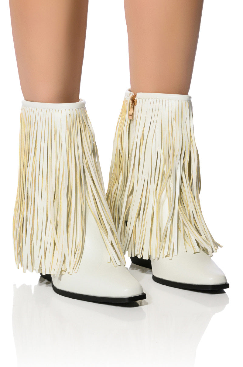 Front View Azalea Wang Scarlett Chunky Western Fringe Bootie In White