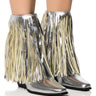 Front View Azalea Wang Scarlett Metallic Chunky Western Fringe Bootie In Silver