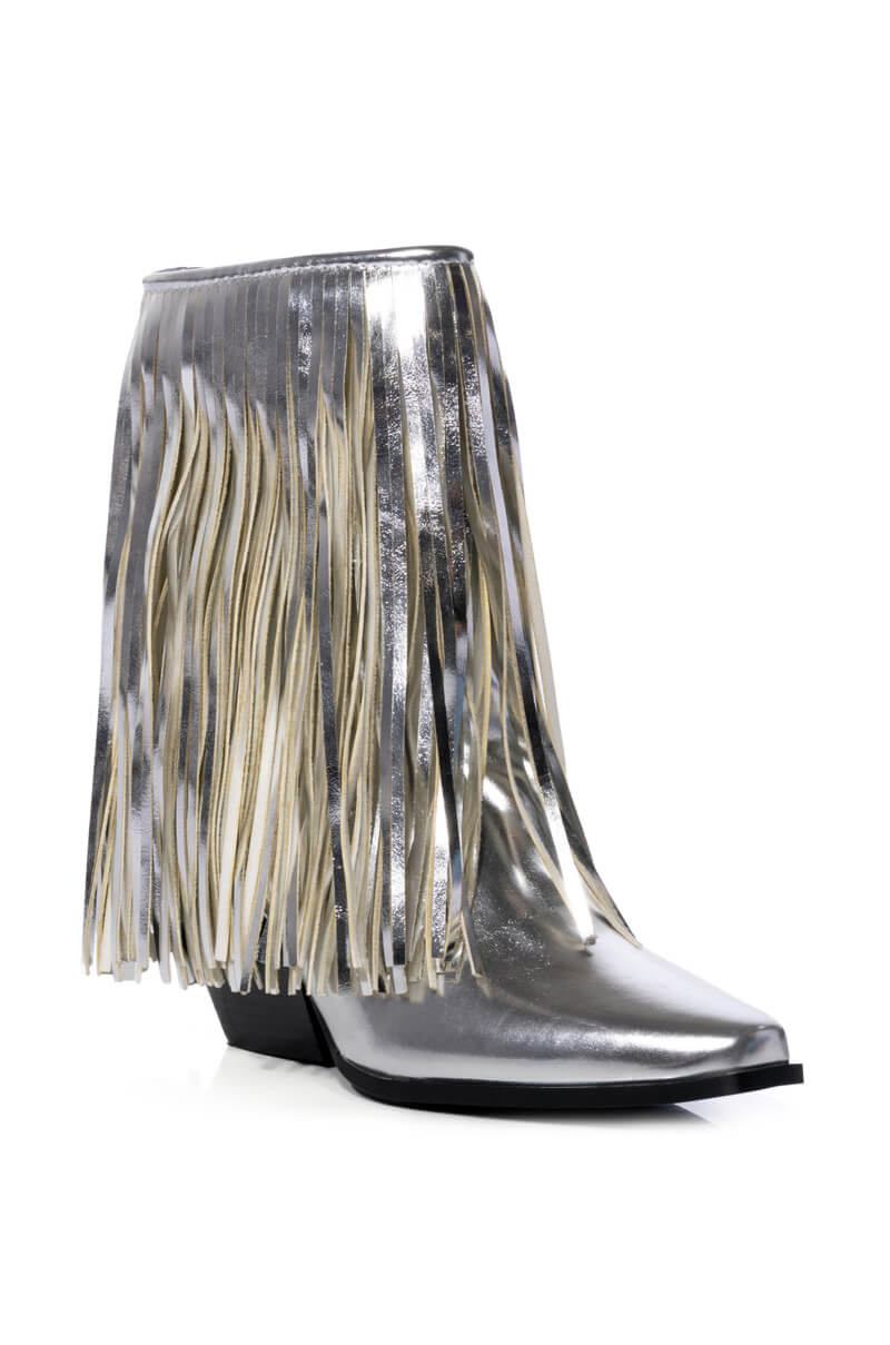 Back View Azalea Wang Scarlett Metallic Chunky Western Fringe Bootie In Silver