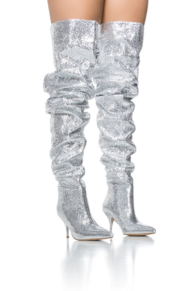 AZALEA WANG SEIRA SCRUNCHED METALLIC THIGH HIGH BOOT IN SILVER AKIRA