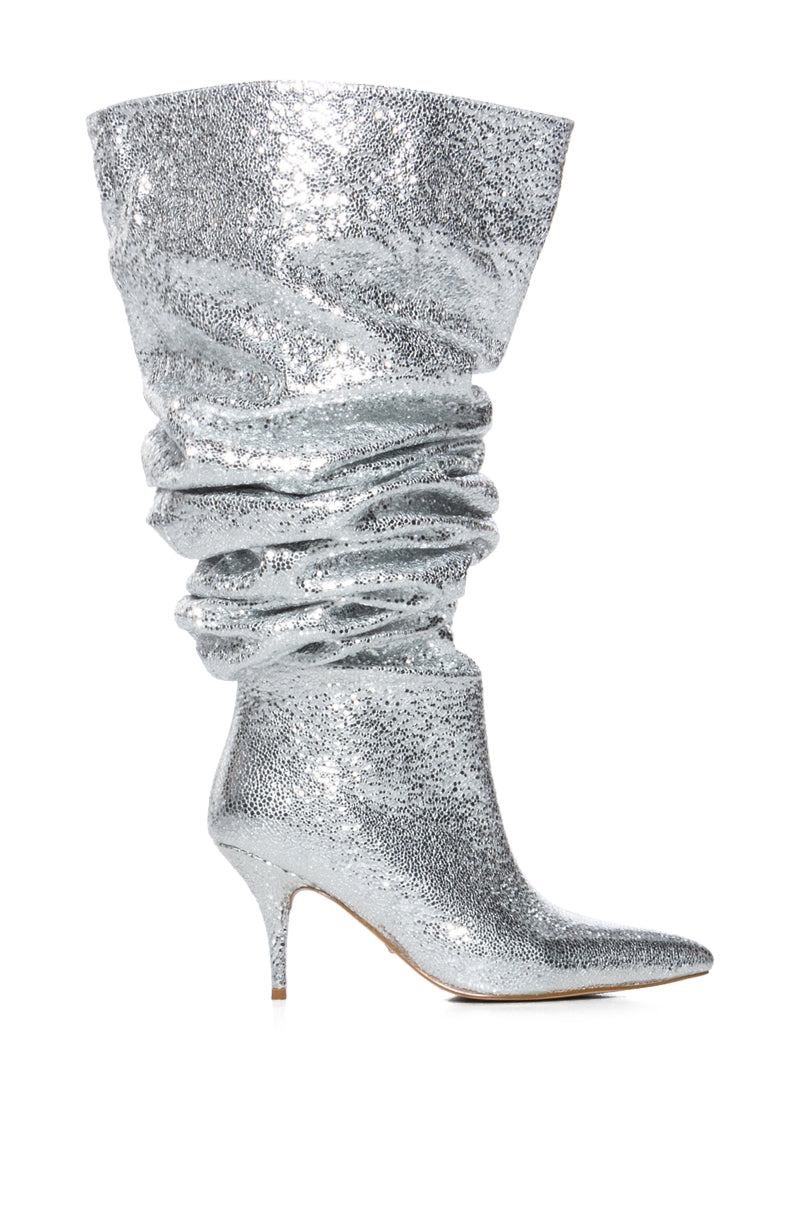 Detail View Azalea Wang Seira Scrunched Metallic Thigh High Boot In Silver