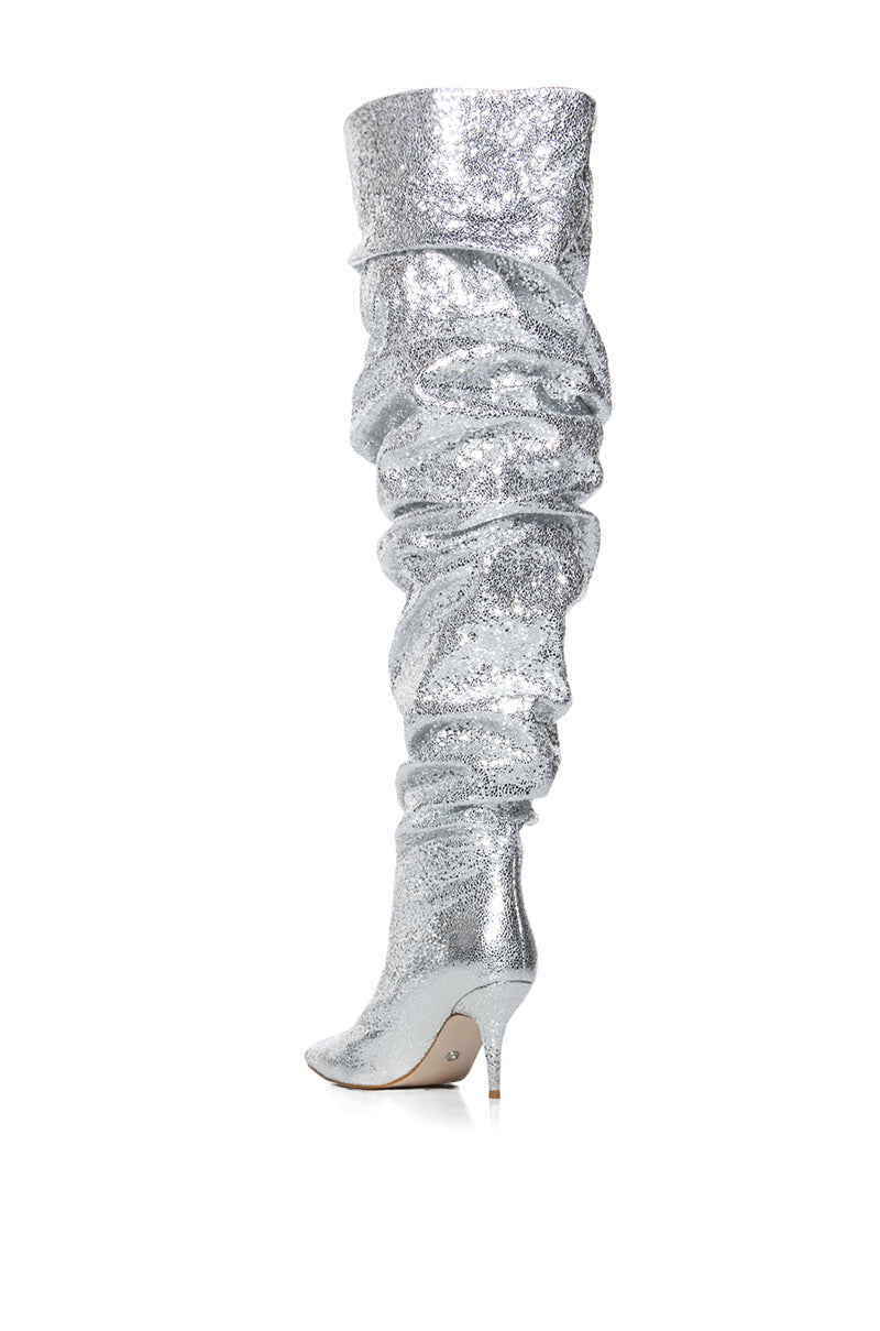 Extra View Azalea Wang Seira Scrunched Metallic Thigh High Boot In Silver