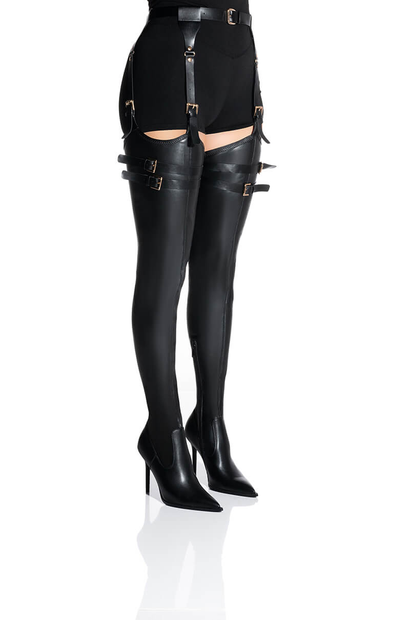 Front View Azalea Wang Sexy Belted Stretch Pu Stiletto Boot In Black 0