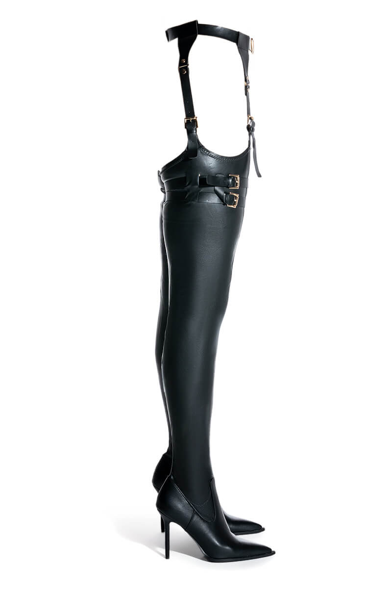Side View Azalea Wang Sexy Belted Stretch Pu Stiletto Boot In Black 1