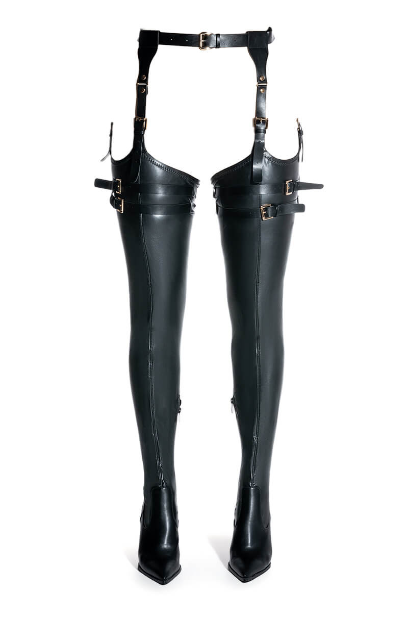 Back View Azalea Wang Sexy Belted Stretch Pu Stiletto Boot In Black 2