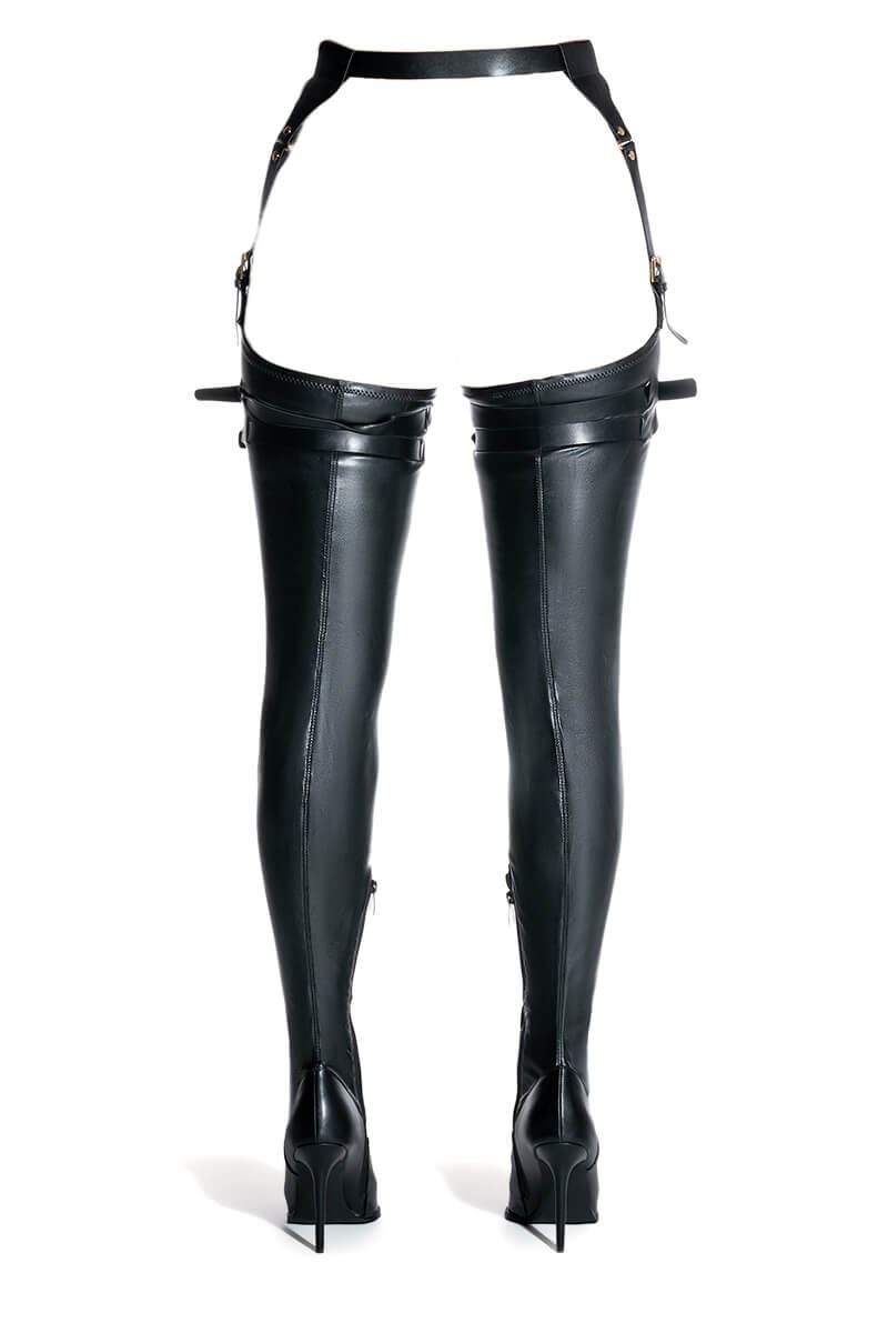 Detail View Azalea Wang Sexy Belted Stretch Pu Stiletto Boot In Black 3