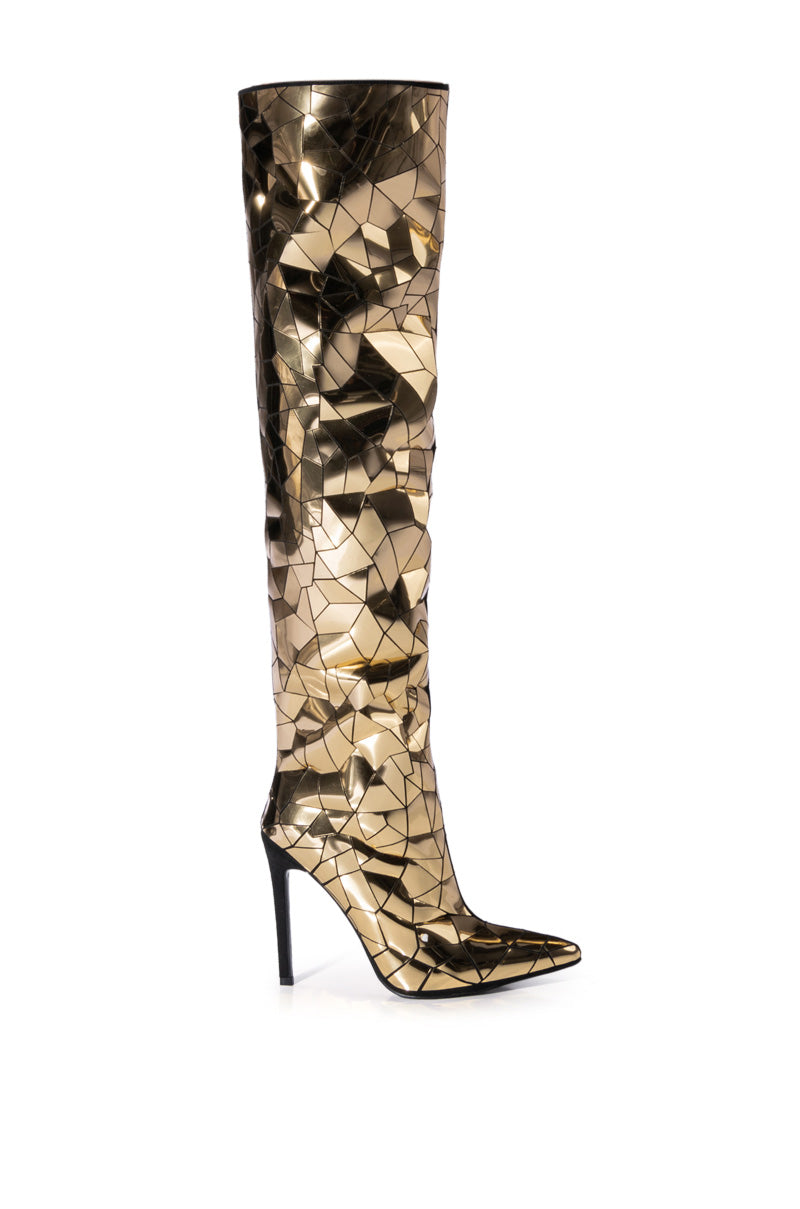 Side View Azalea Wang Shattered Metallic Stiletto Boot In Gold