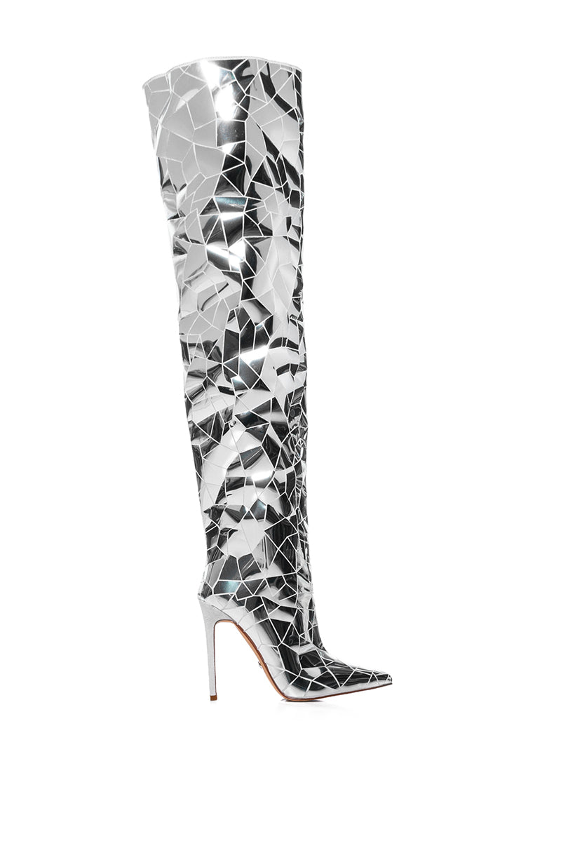 Side View Azalea Wang Shattered Metallic Stiletto Boot In Silver