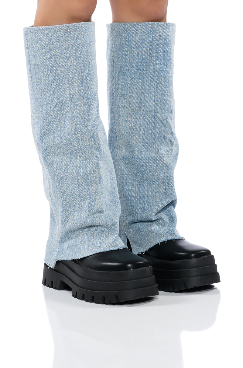Front View Azalea Wang Shuri Denim Fold Over Boot