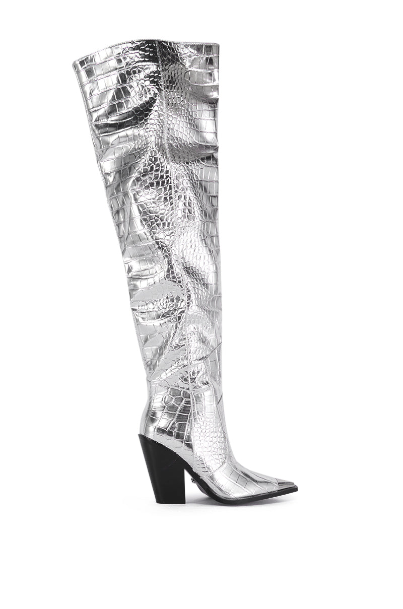 Side View Azalea Wang Silver Croc Grissel Western Boot