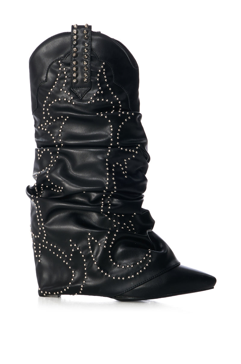 Side View Azalea Wang Sinead Black Ruched Cowboy Bootie 1