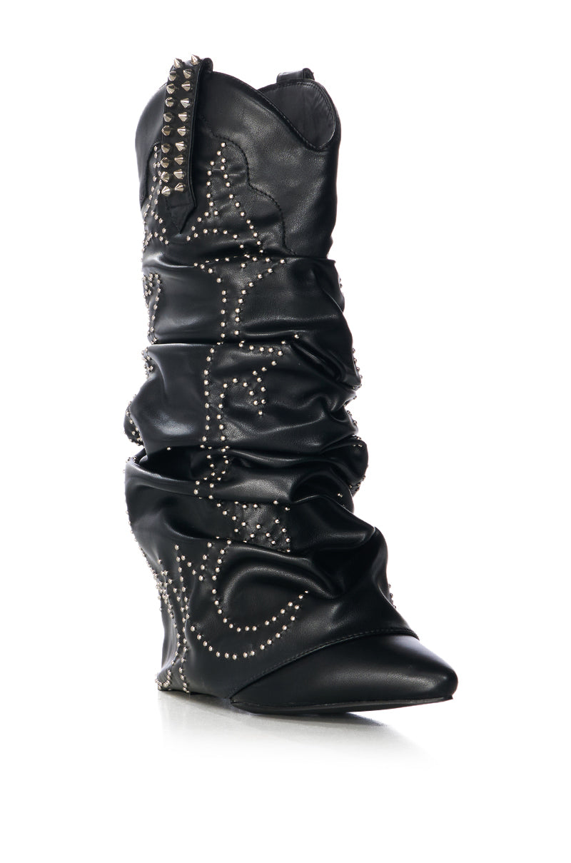 Back View Azalea Wang Sinead Black Ruched Cowboy Bootie 2