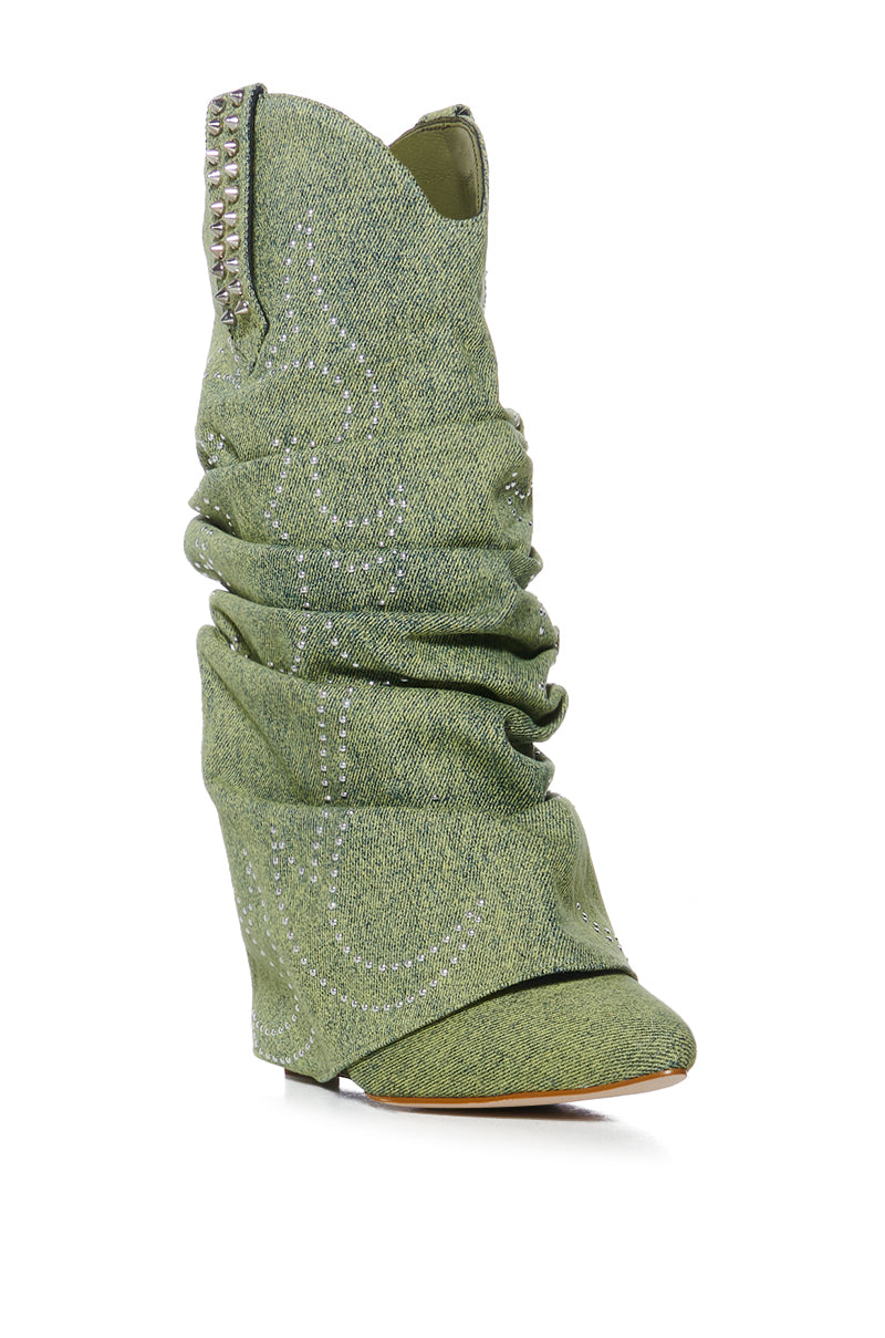 Back View Azalea Wang Sinead Green Ruched Cowboy Bootie
