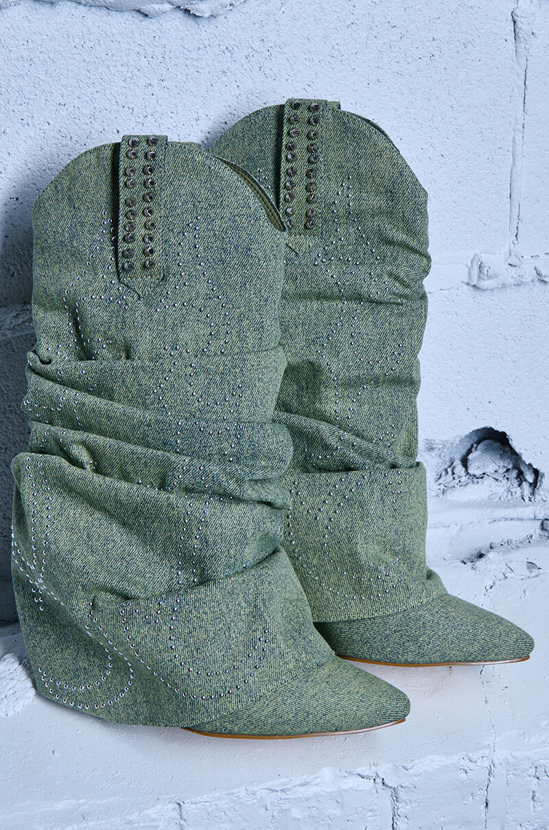 Extra View Azalea Wang Sinead Green Ruched Cowboy Bootie
