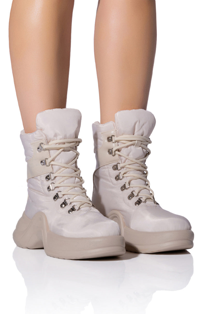 Front View Azalea Wang Skylar Edgy Lace Up Bootie In Sand