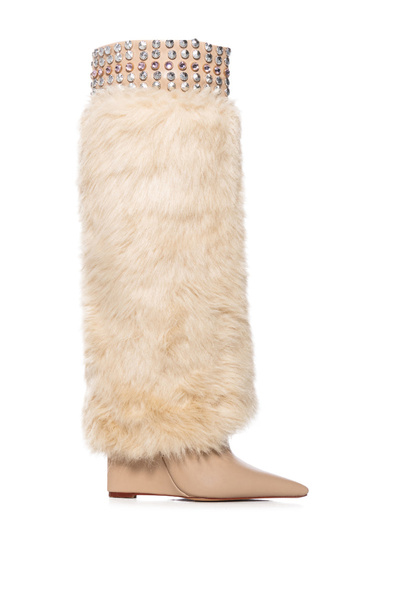 Side View Azalea Wang Skylark Tan Faux Fur Wedge Boot