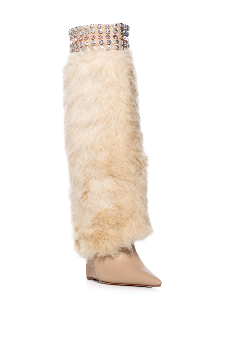 Back View Azalea Wang Skylark Tan Faux Fur Wedge Boot