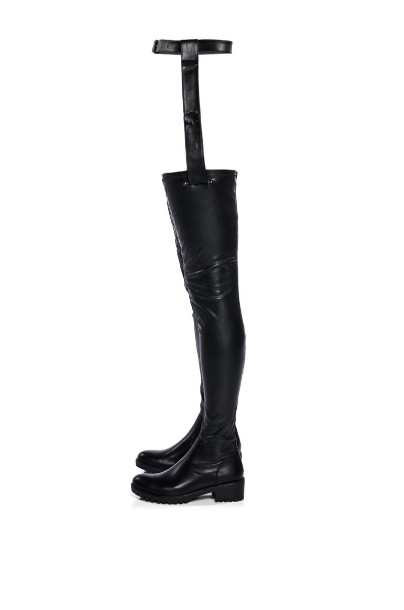 Side View Azalea Wang Smitten Over You Detachable Belt Thigh High Flat Boot With 4 Way Stretch