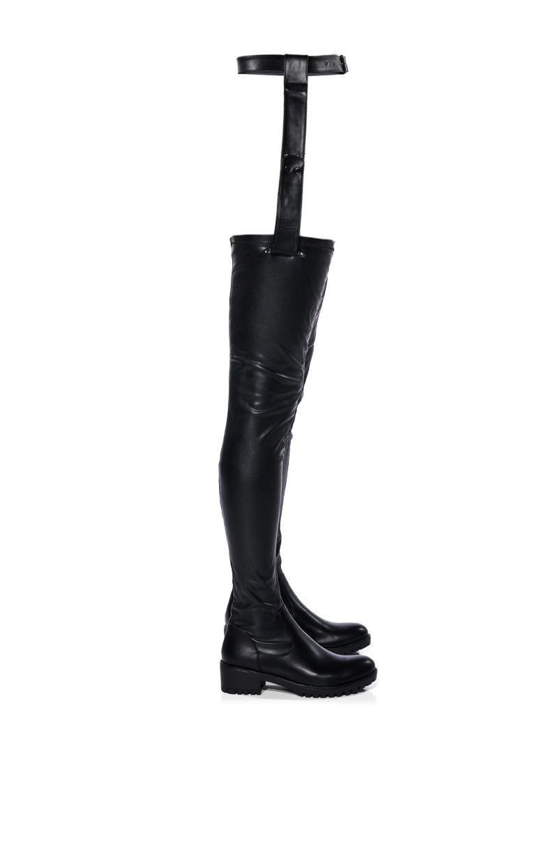 Side View Azalea Wang Smitten Over You Detachable Belt Thigh High Flat Boot With 4 Way Stretch