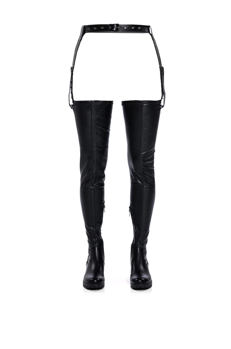 Back View Azalea Wang Smitten Over You Detachable Belt Thigh High Flat Boot With 4 Way Stretch