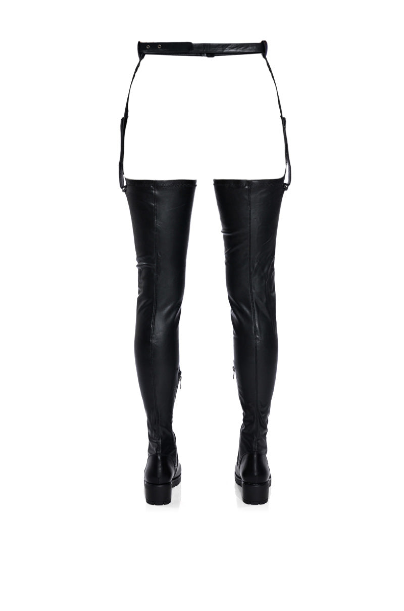 Detail View Azalea Wang Smitten Over You Detachable Belt Thigh High Flat Boot With 4 Way Stretch