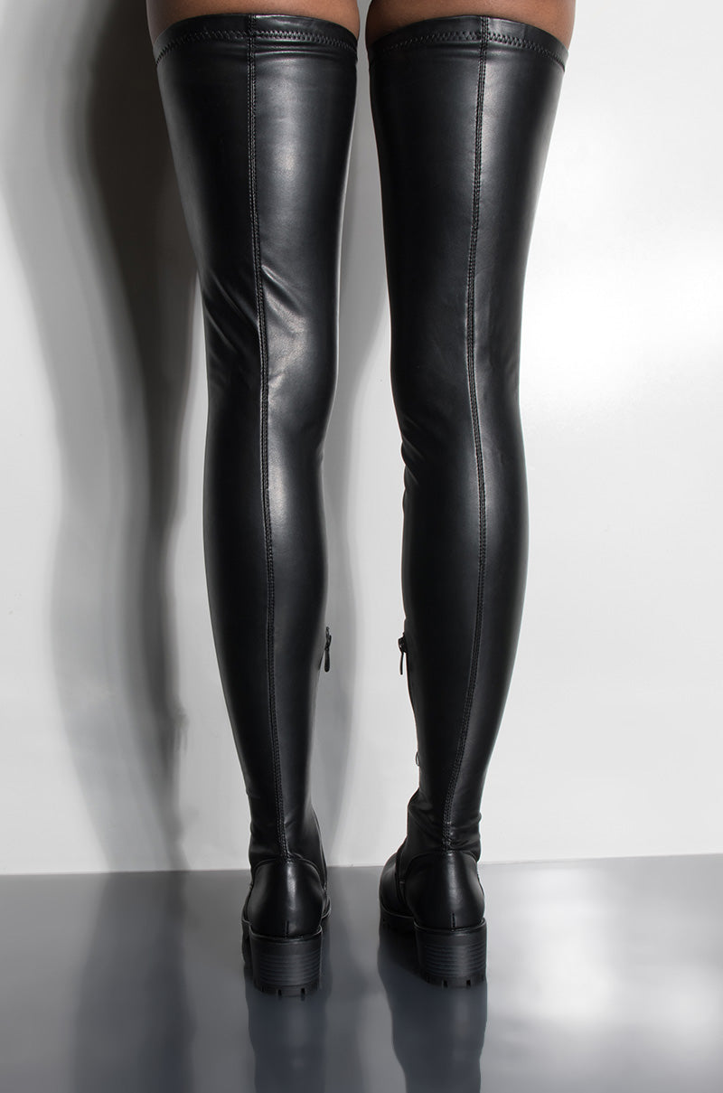 Detail View Azalea Wang Smitten Over You Over The Knee Flat Boot in Black Pu