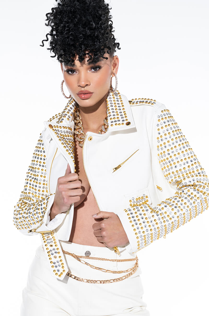 Front View Azalea Wang So Golden Mix Metal Moto Jacket