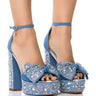 Front View Azalea Wang So Obsessed Embellished Bow Chunky Sandal In Denim