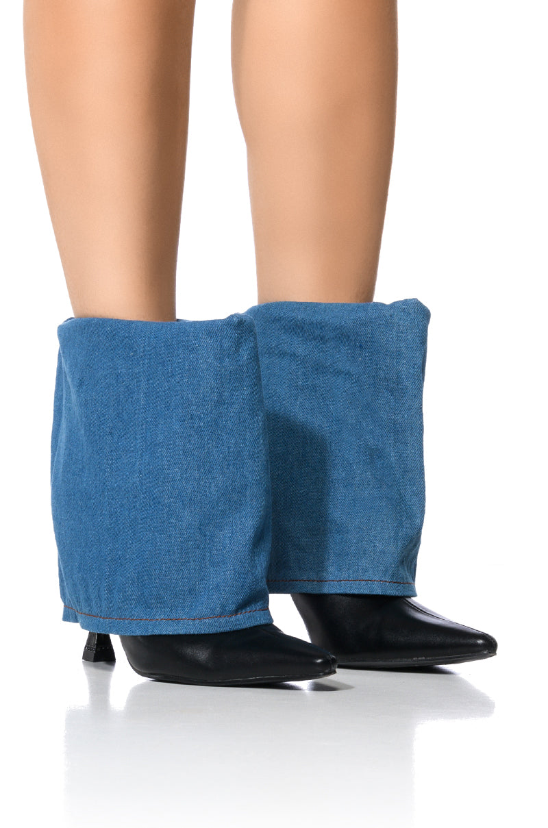 Front View Azalea Wang Solo Fold Over Denim Bootie In Blue
