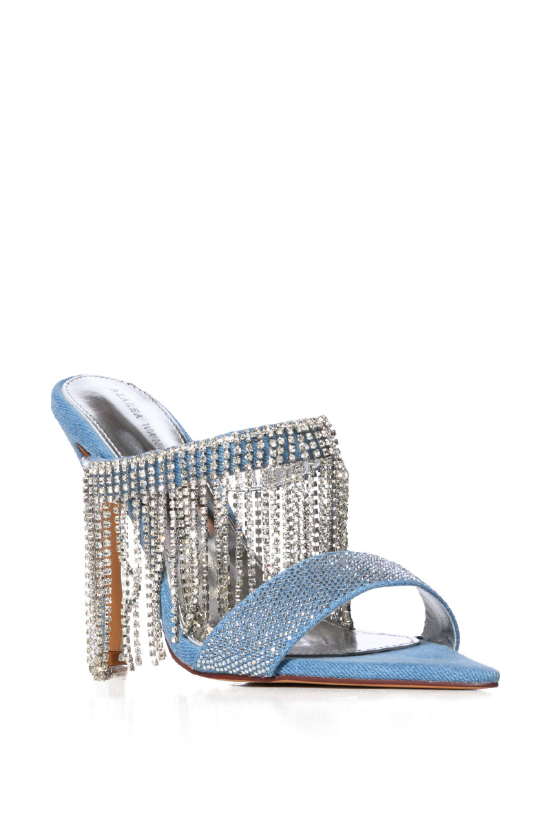Back View Azalea Wang Something New Pointy Toe Sandal With Rhinestone Fringe In Denim