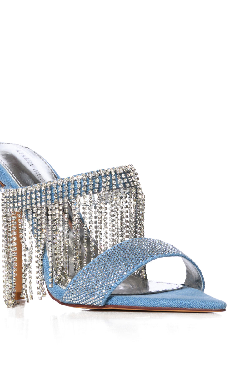 Full View Azalea Wang Something New Pointy Toe Sandal With Rhinestone Fringe In Denim