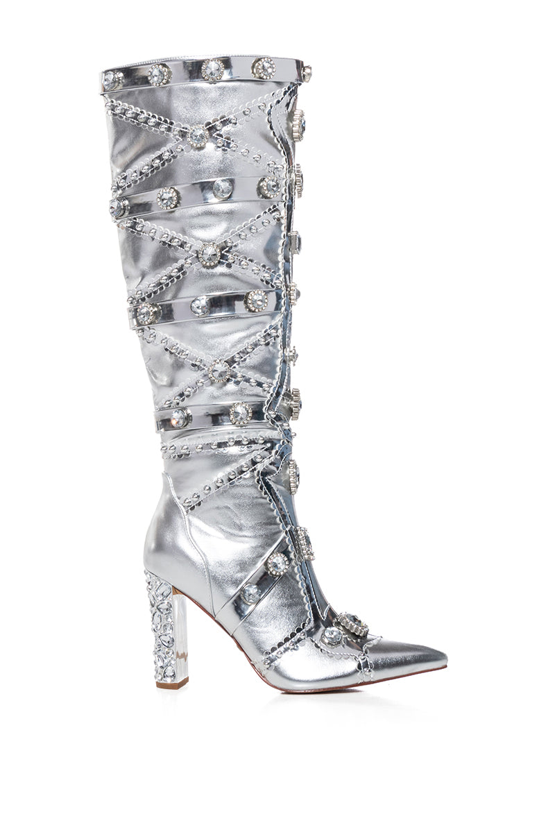 Side View Azalea Wang Speed Drive Silver Embellished Boot