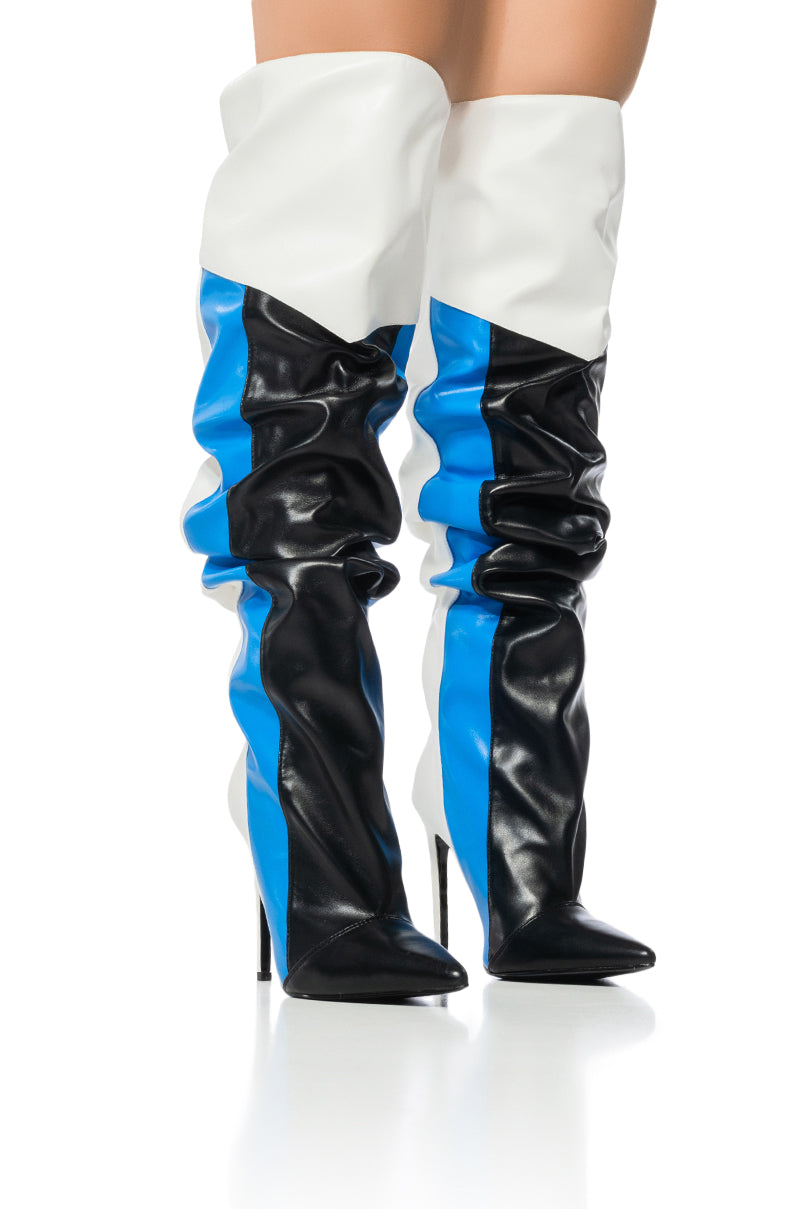 Front View Azalea Wang Speed Wagon Striped Stiletto Boot In Blue
