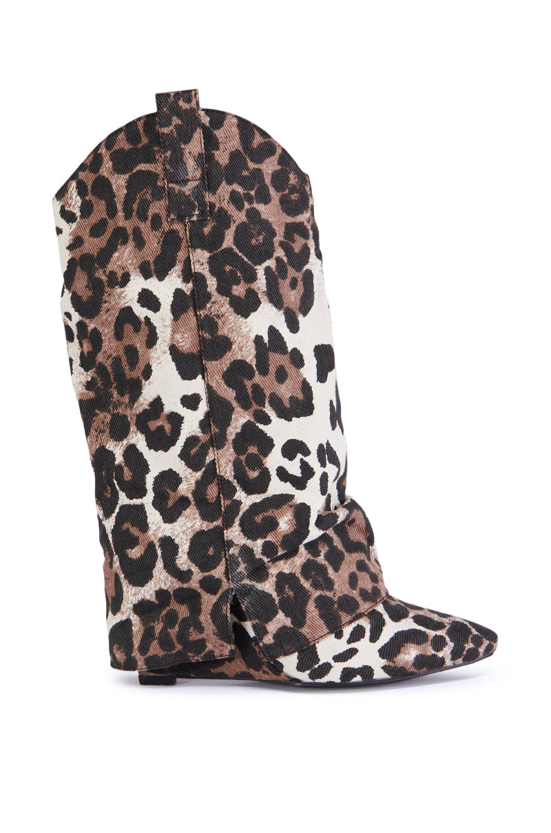 Side View Azalea Wang Spice Leopard Western Wedge Bootie