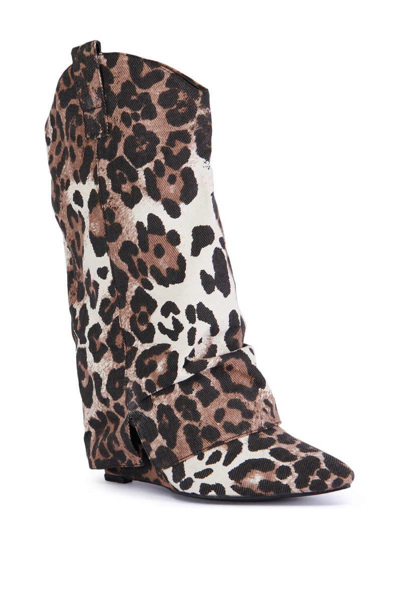 Back View Azalea Wang Spice Leopard Western Wedge Bootie