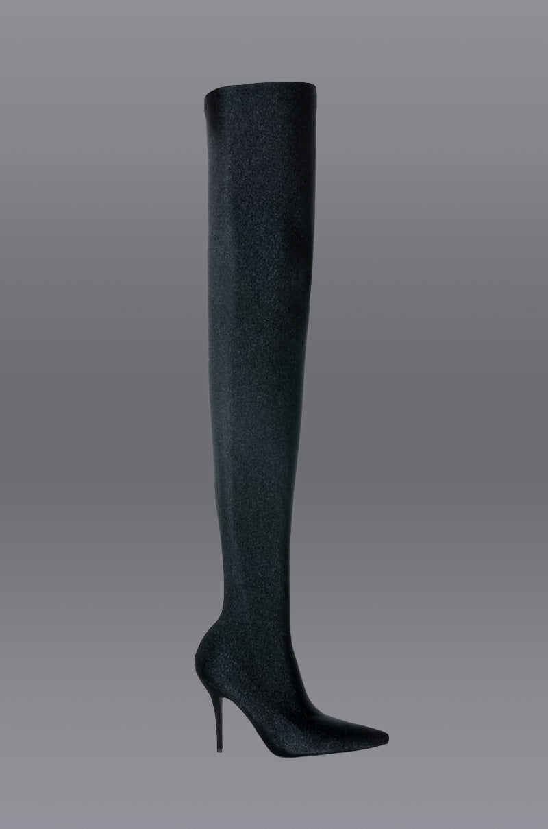 Front View Azalea Wang Star Stretch Love Struck Ultra Thigh High Stiletto Boot In Black view 1