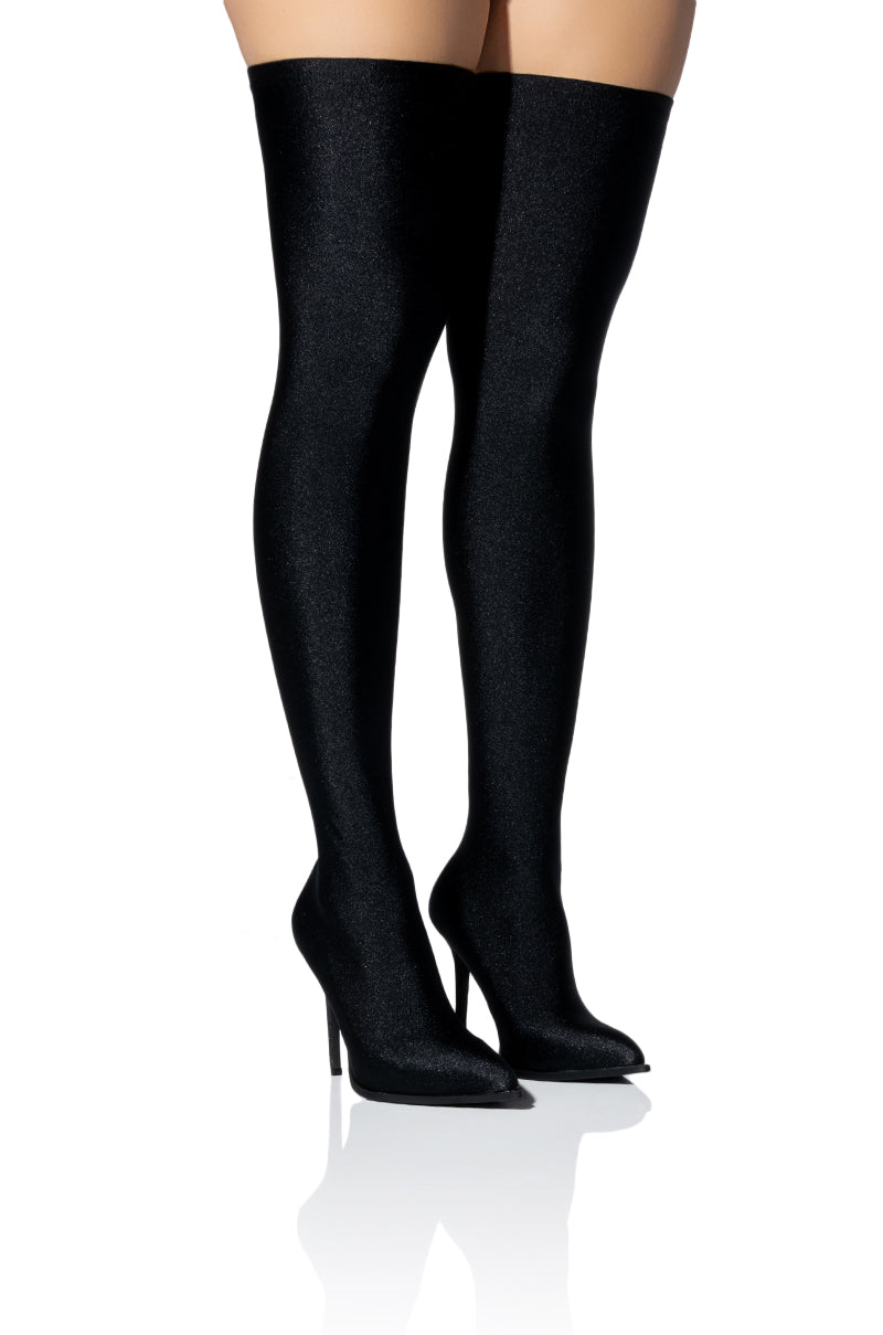 Front View Azalea Wang Star Stretch New Level Thigh High Stiletto Boot In Black